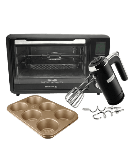BATIDORA MANUAL 350W + BANDEJA WH P/MUFFIN + HORNO ELECTRICO BONATTI 25L